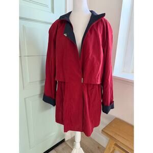 Vintage 90s Liz Claiborne Preppy Red Rain Jacket Cinched Waist Lightweight Coat